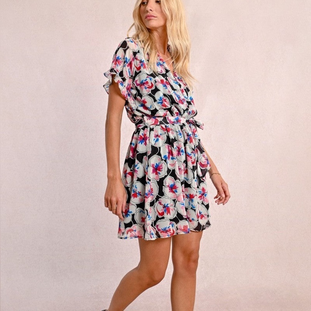 Molly Bracken Floral Print Sheer over Slip Ruffle Sleeve Dress